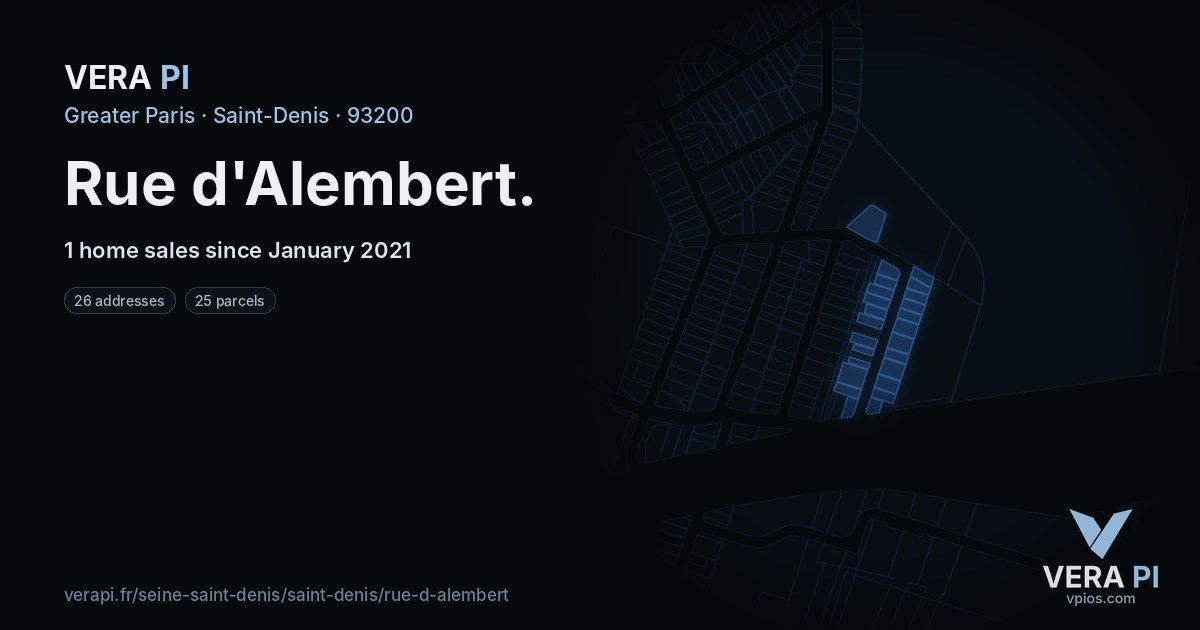 Rue d'Alembert, Saint-Denis at night – every parcel coloured by the prices around it, the street's own parcels lit