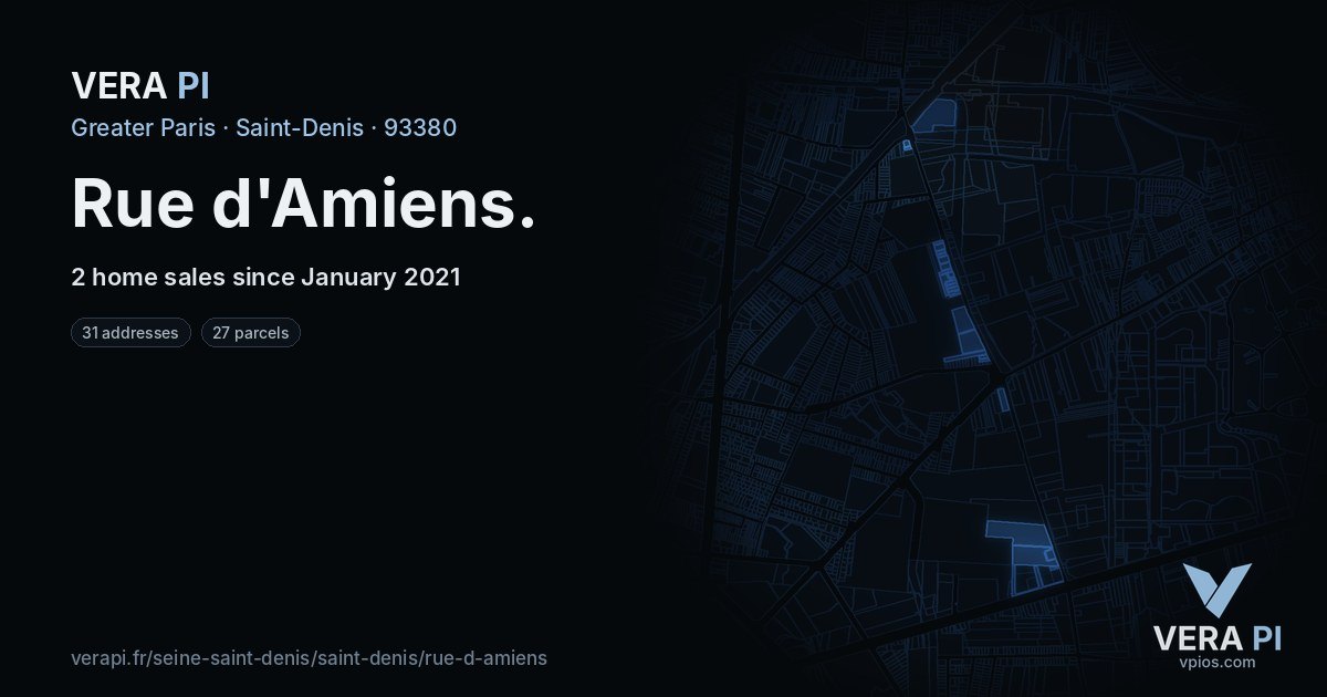 Rue d'Amiens, Saint-Denis at night – every parcel coloured by the prices around it, the street's own parcels lit