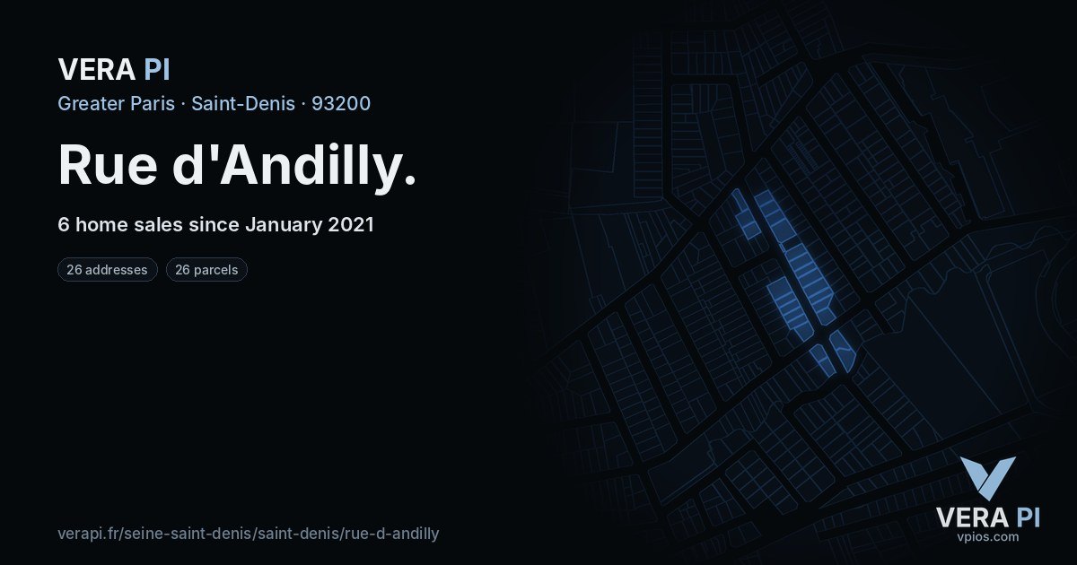 Rue d'Andilly, Saint-Denis at night – every parcel coloured by the prices around it, the street's own parcels lit