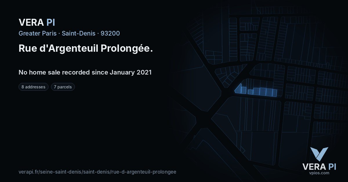 Rue d'Argenteuil Prolongée, Saint-Denis at night – every parcel coloured by the prices around it, the street's own parcels lit