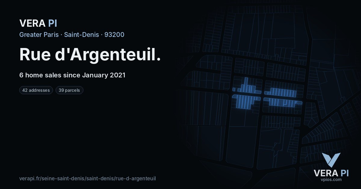 Rue d'Argenteuil, Saint-Denis at night – every parcel coloured by the prices around it, the street's own parcels lit
