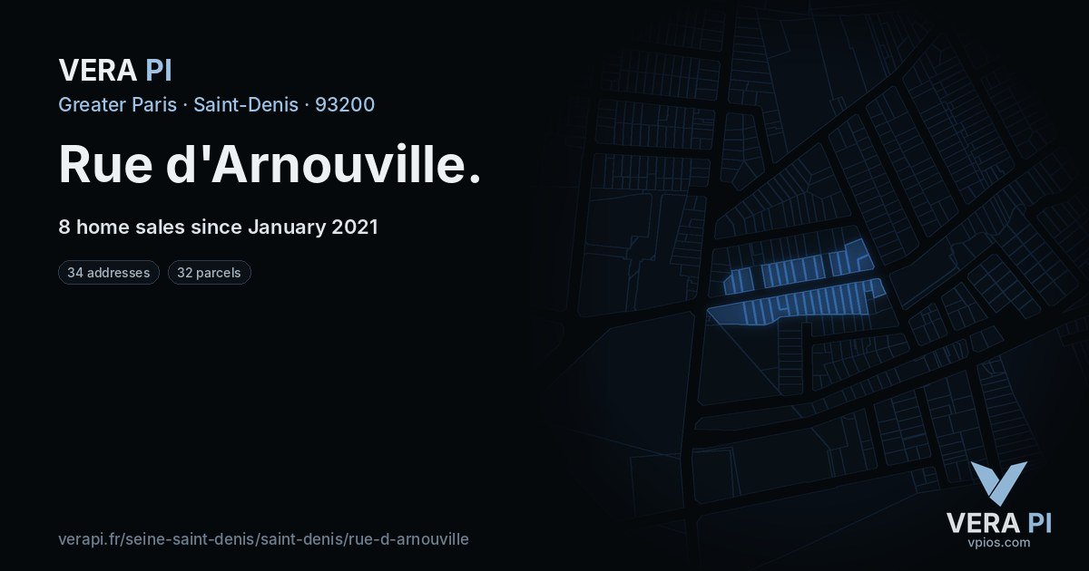 Rue d'Arnouville, Saint-Denis at night – every parcel coloured by the prices around it, the street's own parcels lit