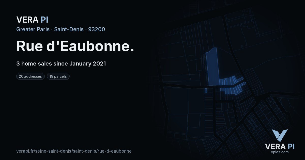 Rue d'Eaubonne, Saint-Denis at night – every parcel coloured by the prices around it, the street's own parcels lit