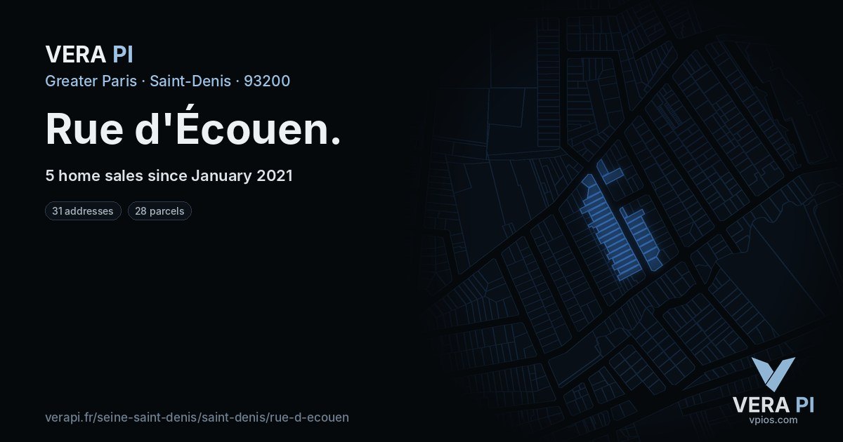 Rue d'Écouen, Saint-Denis at night – every parcel coloured by the prices around it, the street's own parcels lit