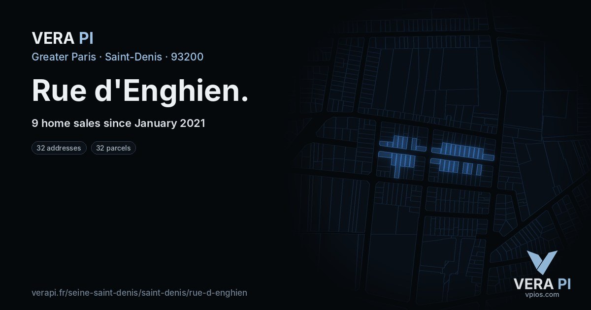 Rue d'Enghien, Saint-Denis at night – every parcel coloured by the prices around it, the street's own parcels lit