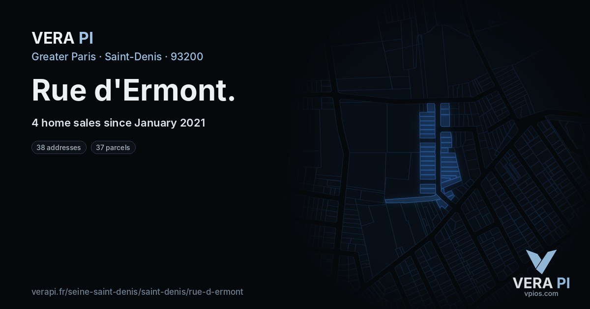 Rue d'Ermont, Saint-Denis at night – every parcel coloured by the prices around it, the street's own parcels lit