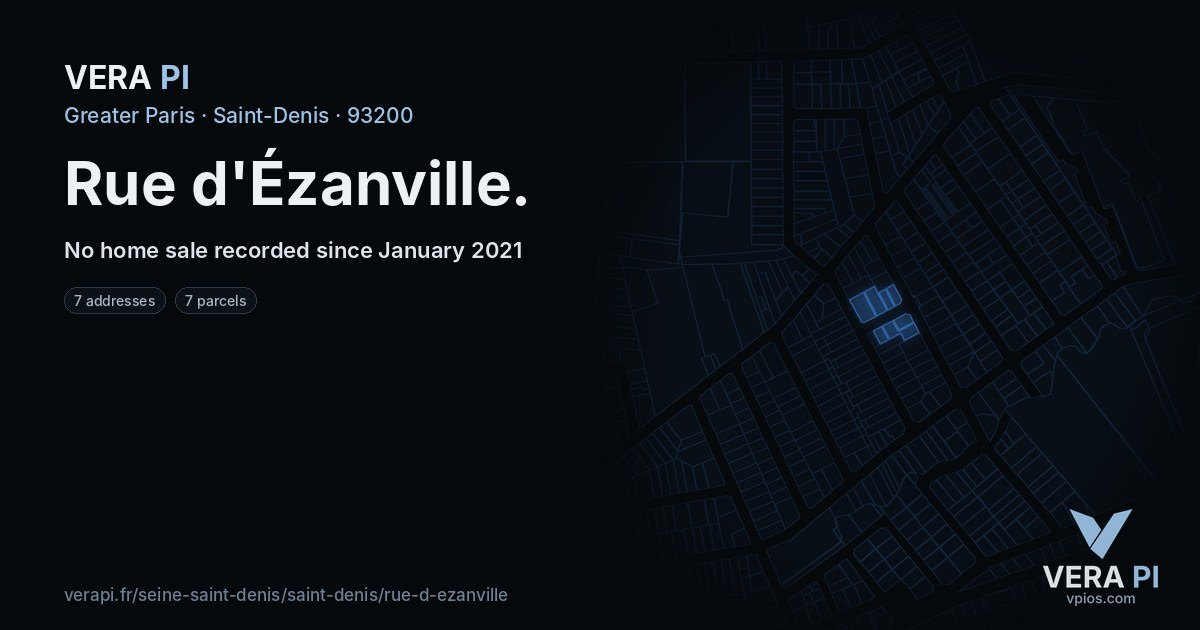 Rue d'Ézanville, Saint-Denis at night – every parcel coloured by the prices around it, the street's own parcels lit