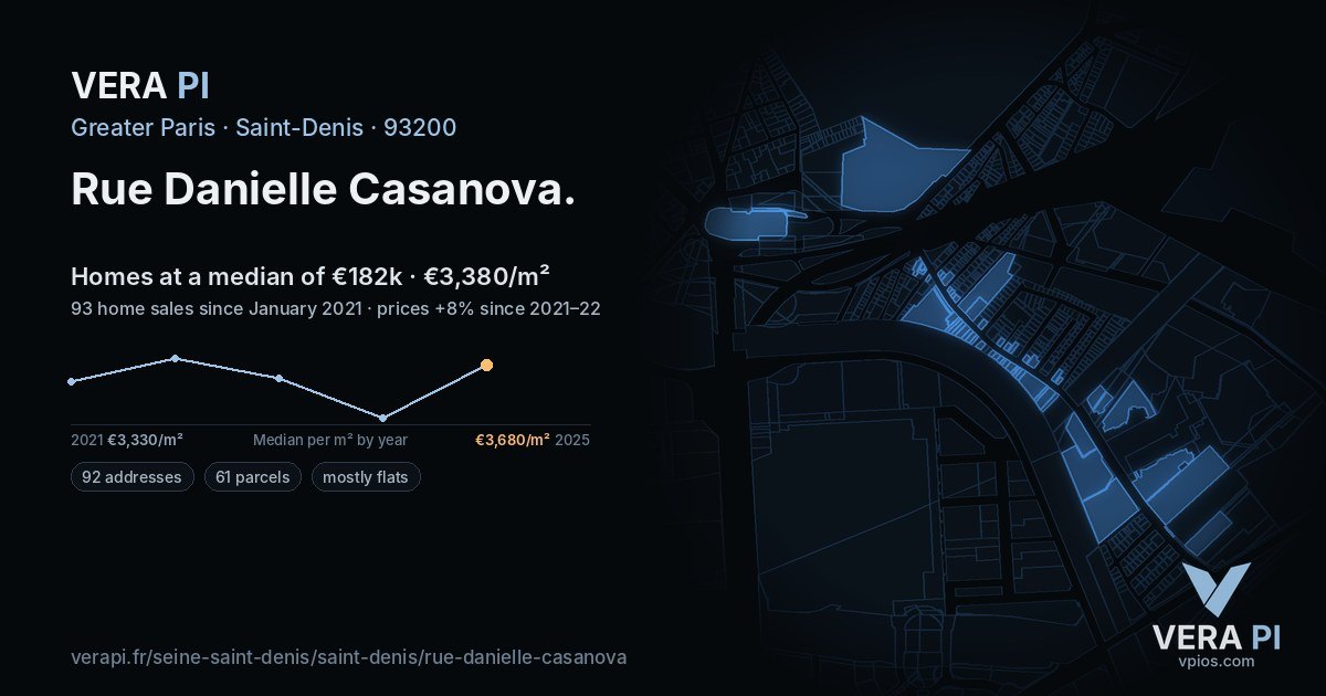 Rue Danielle Casanova, Saint-Denis at night – every parcel coloured by the prices around it, the street's own parcels lit