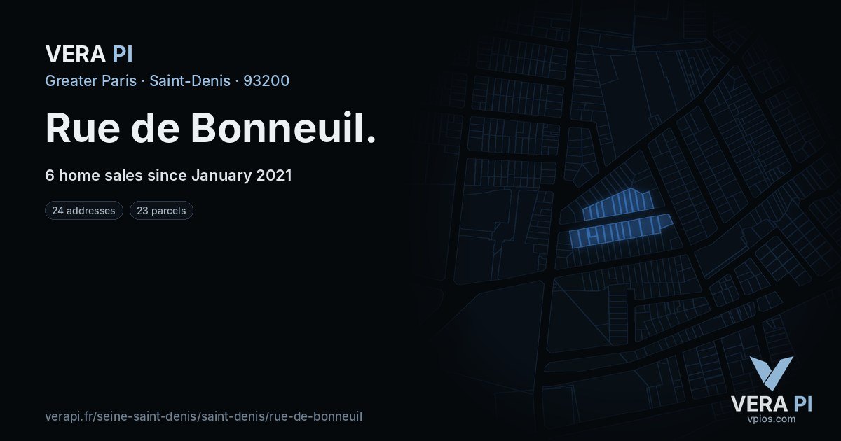 Rue de Bonneuil, Saint-Denis at night – every parcel coloured by the prices around it, the street's own parcels lit