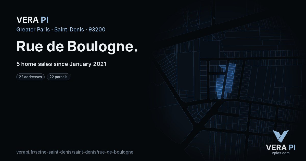 Rue de Boulogne, Saint-Denis at night – every parcel coloured by the prices around it, the street's own parcels lit
