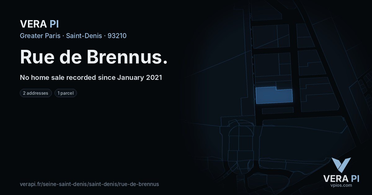 Rue de Brennus, Saint-Denis at night – every parcel coloured by the prices around it, the street's own parcels lit
