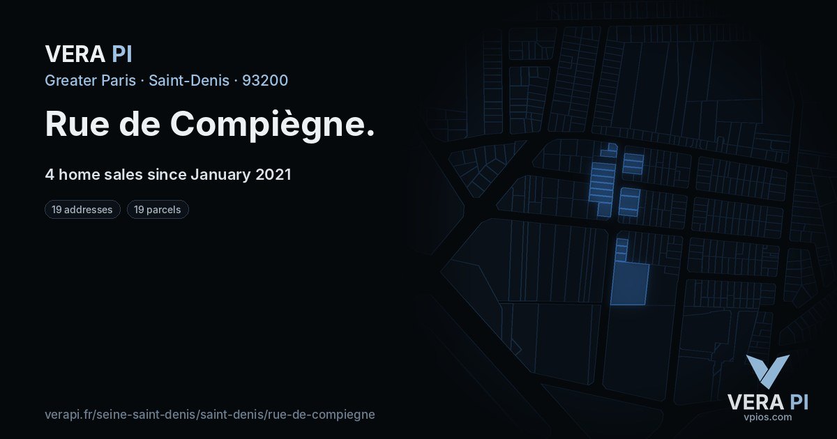 Rue de Compiègne, Saint-Denis at night – every parcel coloured by the prices around it, the street's own parcels lit