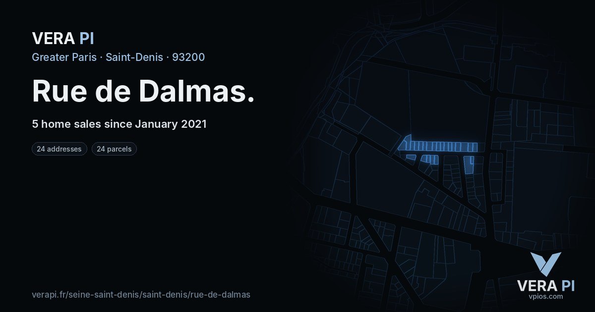 Rue de Dalmas, Saint-Denis at night – every parcel coloured by the prices around it, the street's own parcels lit