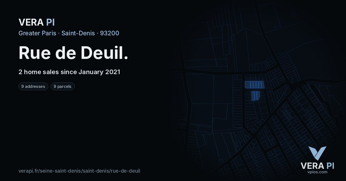 Rue de Deuil, Saint-Denis at night – every parcel coloured by the prices around it, the street's own parcels lit