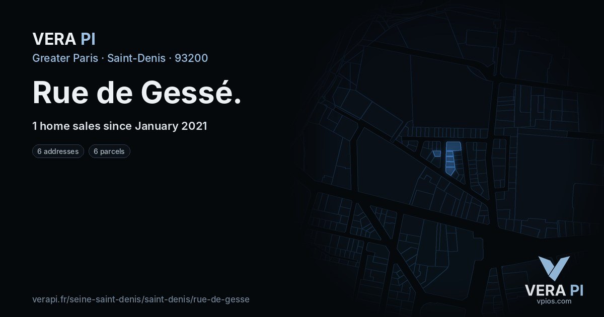 Rue de Gessé, Saint-Denis at night – every parcel coloured by the prices around it, the street's own parcels lit