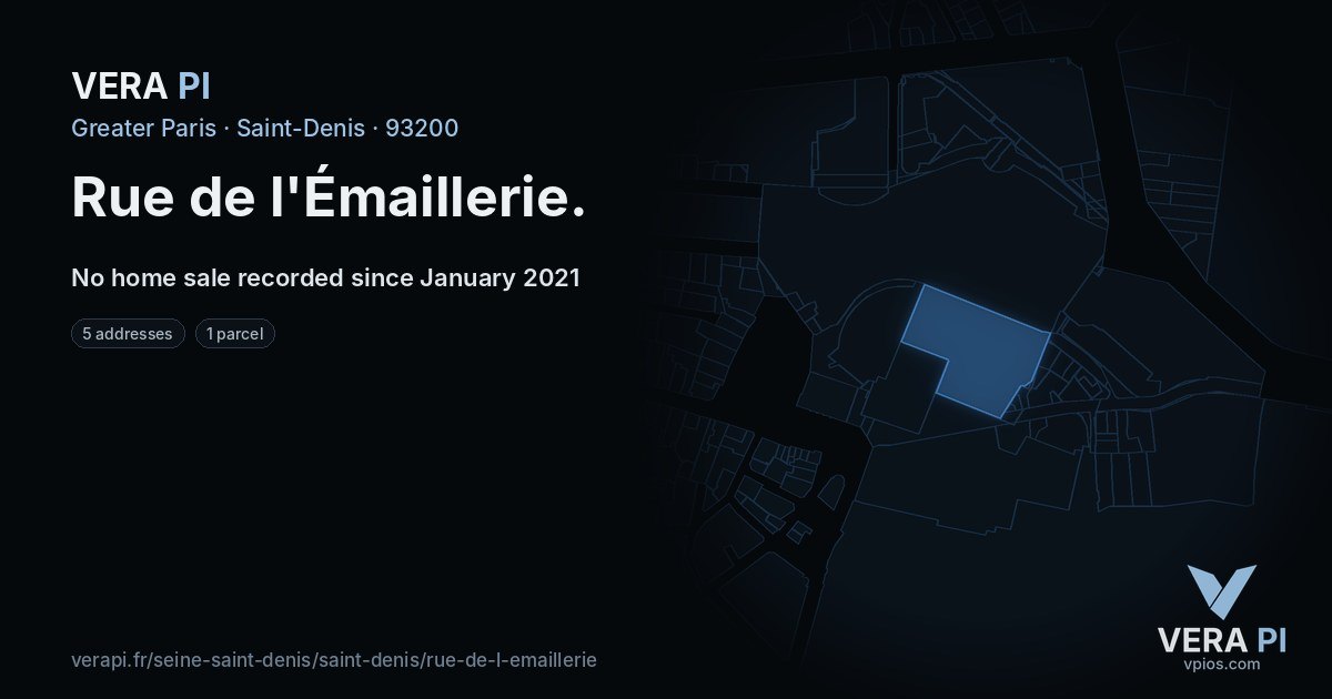 Rue de l'Émaillerie, Saint-Denis at night – every parcel coloured by the prices around it, the street's own parcels lit