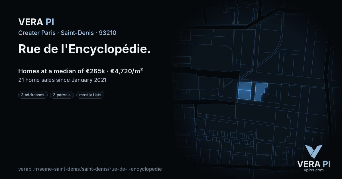 Rue de l'Encyclopédie, Saint-Denis at night – every parcel coloured by the prices around it, the street's own parcels lit