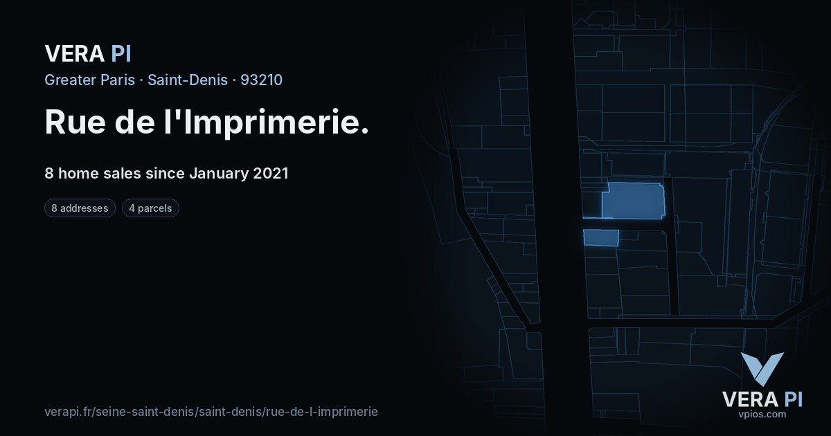 Rue de l'Imprimerie, Saint-Denis at night – every parcel coloured by the prices around it, the street's own parcels lit