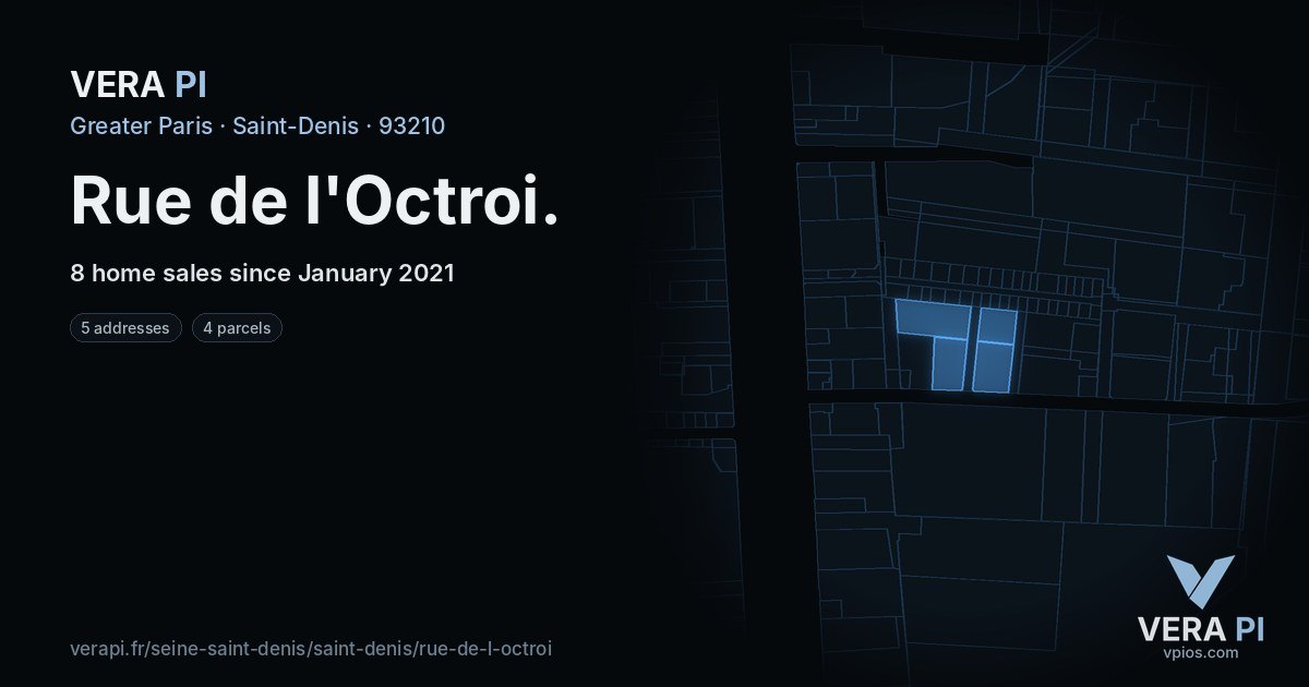 Rue de l'Octroi, Saint-Denis at night – every parcel coloured by the prices around it, the street's own parcels lit