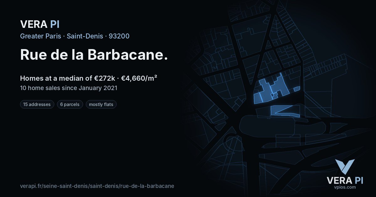 Rue de la Barbacane, Saint-Denis at night – every parcel coloured by the prices around it, the street's own parcels lit