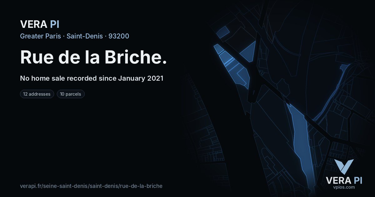Rue de la Briche, Saint-Denis at night – every parcel coloured by the prices around it, the street's own parcels lit