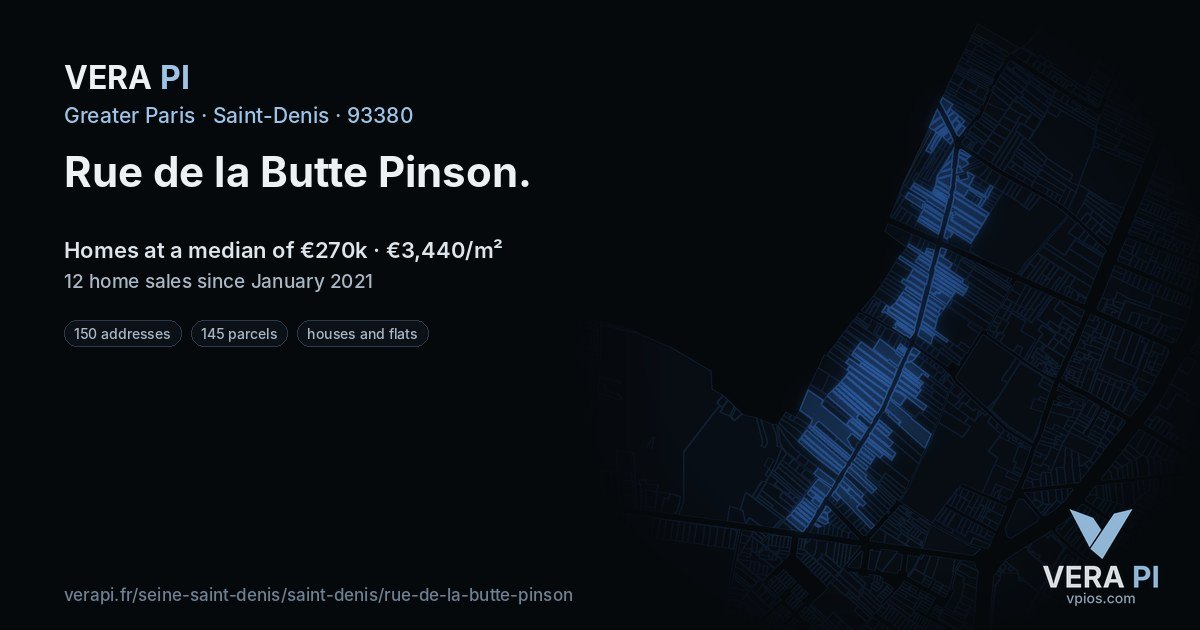 Rue de la Butte Pinson, Saint-Denis at night – every parcel coloured by the prices around it, the street's own parcels lit