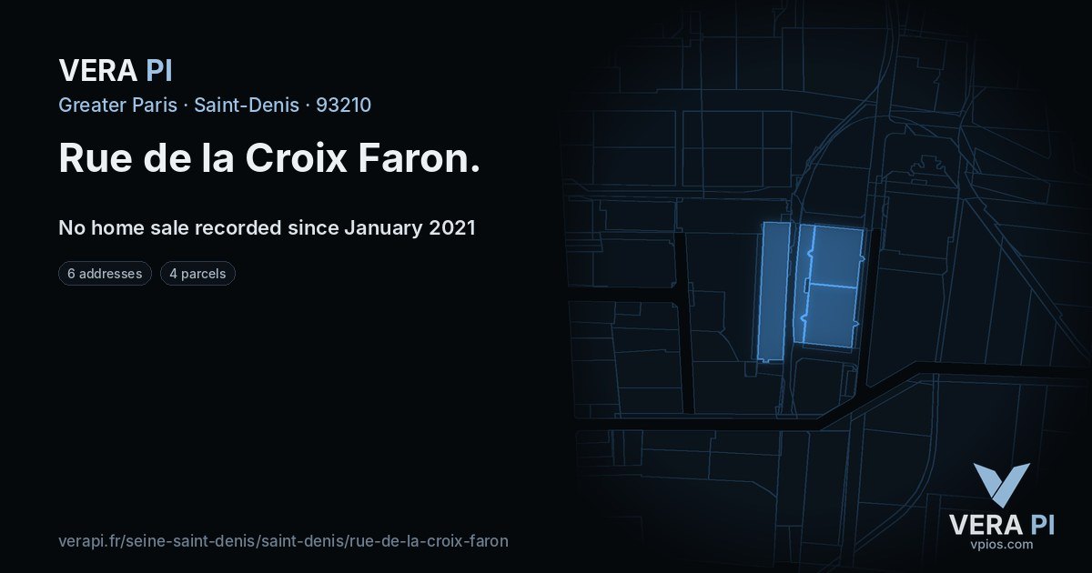 Rue de la Croix Faron, Saint-Denis at night – every parcel coloured by the prices around it, the street's own parcels lit