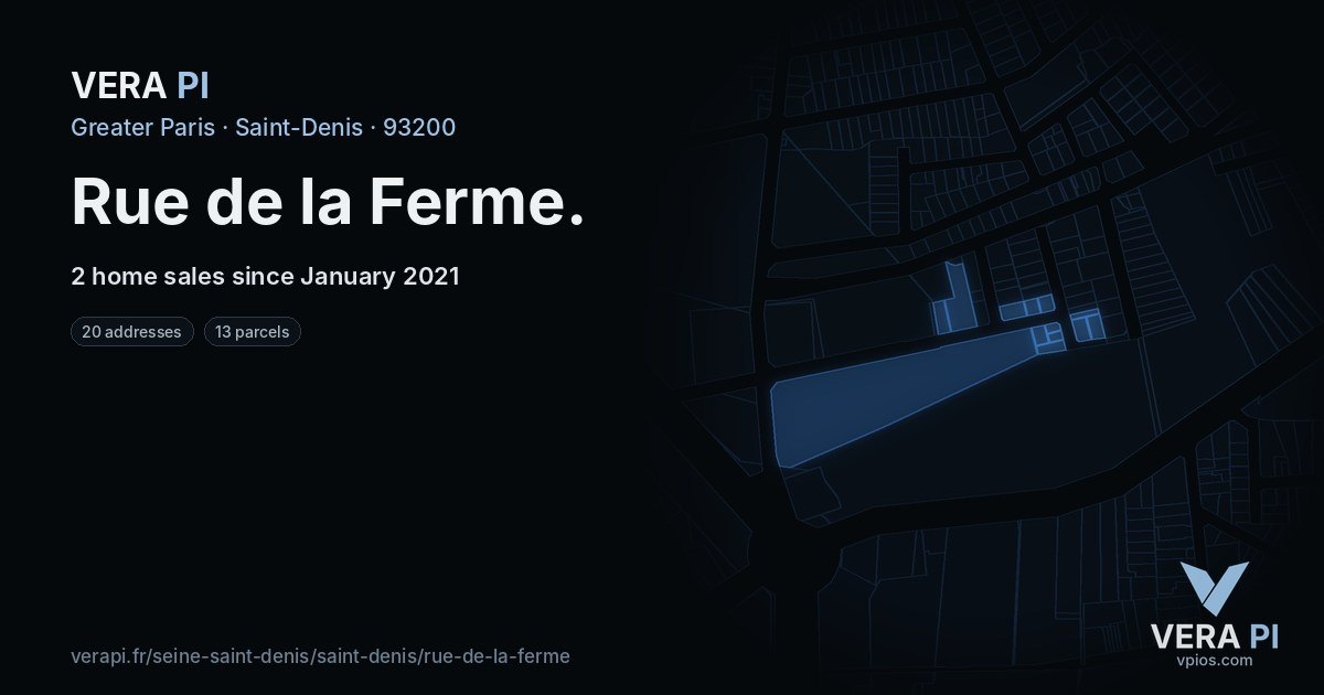 Rue de la Ferme, Saint-Denis at night – every parcel coloured by the prices around it, the street's own parcels lit