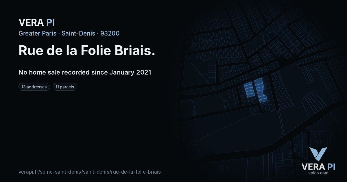 Rue de la Folie Briais, Saint-Denis at night – every parcel coloured by the prices around it, the street's own parcels lit