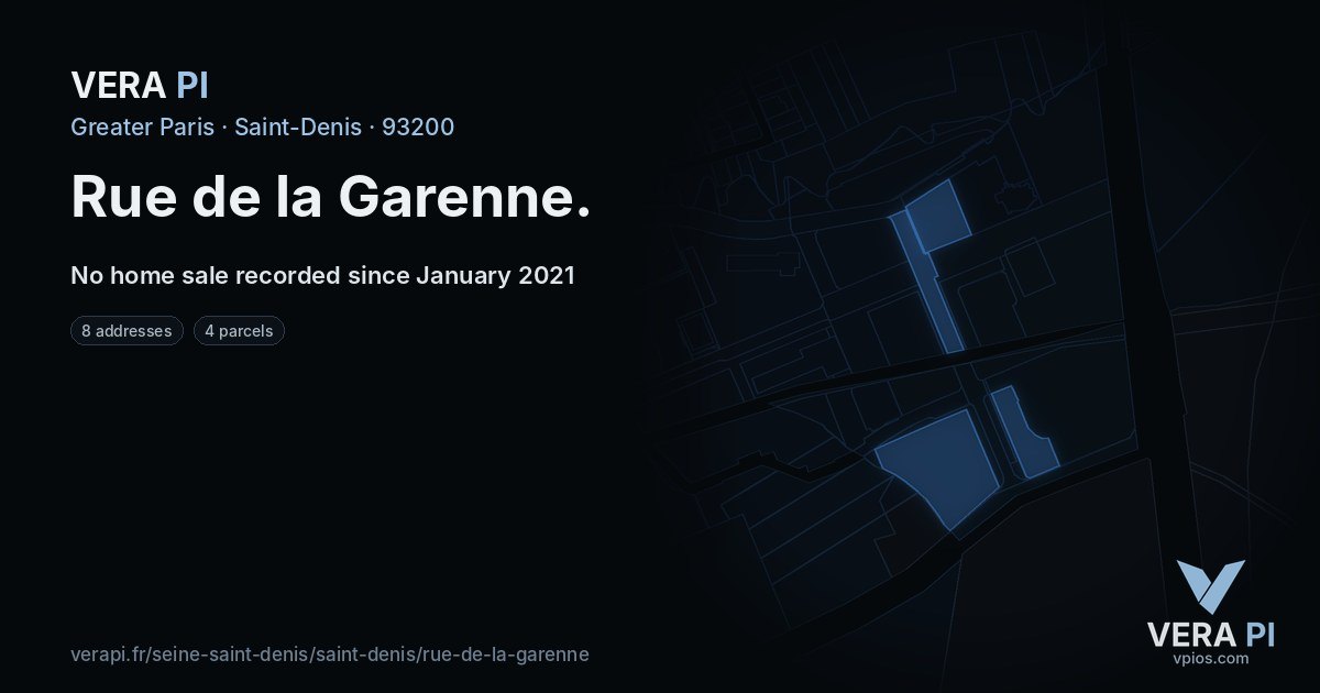 Rue de la Garenne, Saint-Denis at night – every parcel coloured by the prices around it, the street's own parcels lit