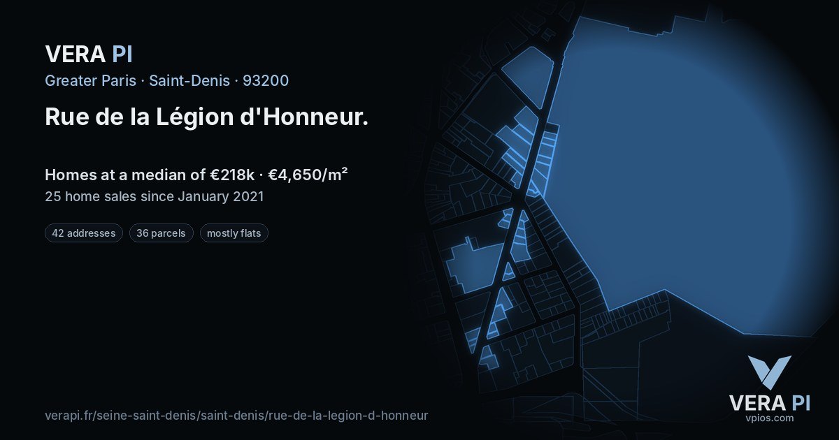 Rue de la Légion d'Honneur, Saint-Denis at night – every parcel coloured by the prices around it, the street's own parcels lit
