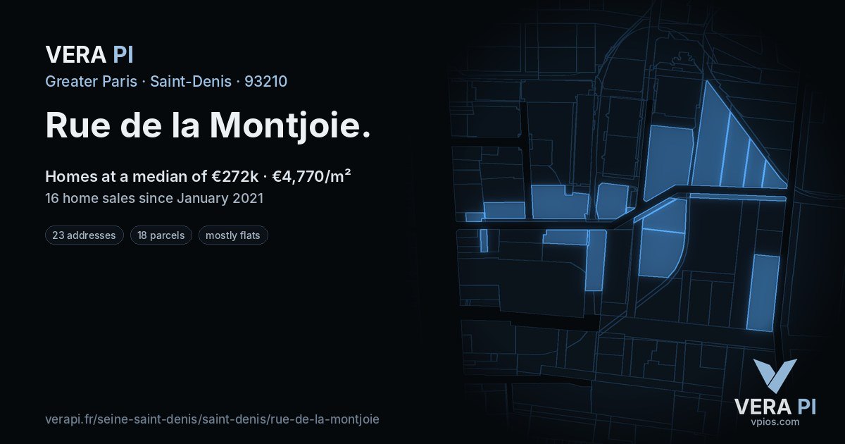 Rue de la Montjoie, Saint-Denis at night – every parcel coloured by the prices around it, the street's own parcels lit