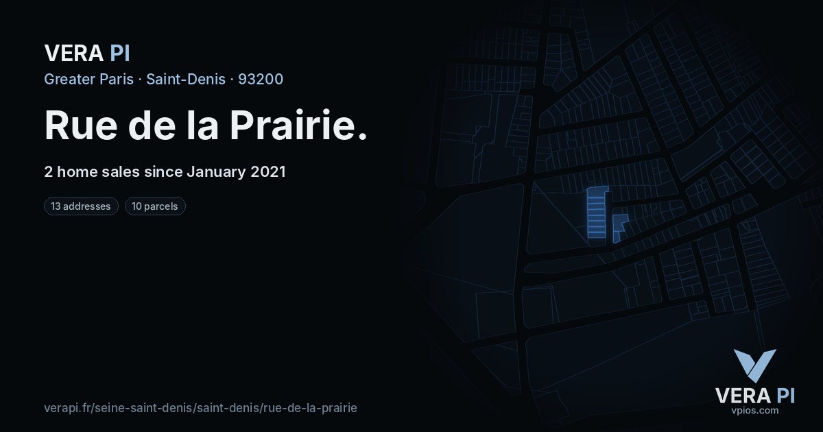 Rue de la Prairie, Saint-Denis at night – every parcel coloured by the prices around it, the street's own parcels lit