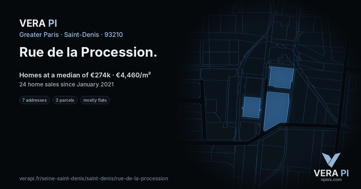 Rue de la Procession, Saint-Denis at night – every parcel coloured by the prices around it, the street's own parcels lit