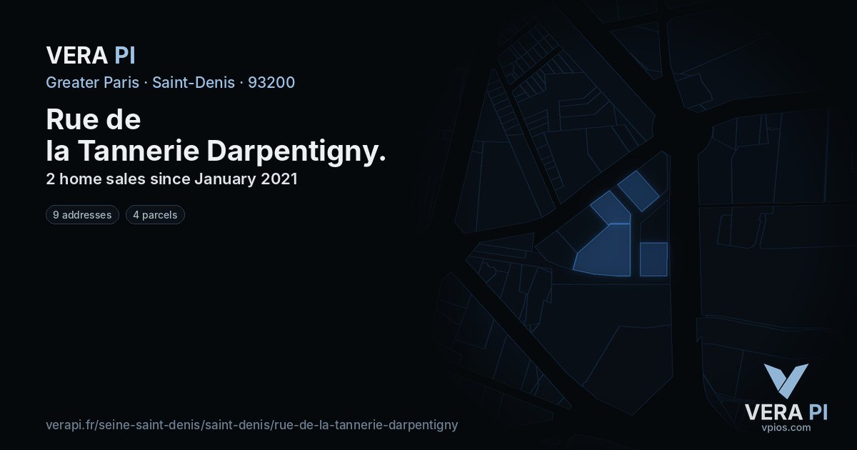 Rue de la Tannerie Darpentigny, Saint-Denis at night – every parcel coloured by the prices around it, the street's own parcels lit