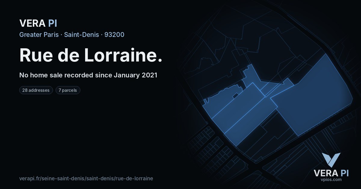 Rue de Lorraine, Saint-Denis at night – every parcel coloured by the prices around it, the street's own parcels lit