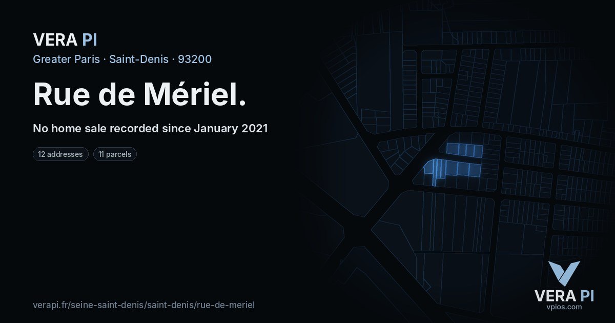 Rue de Mériel, Saint-Denis at night – every parcel coloured by the prices around it, the street's own parcels lit