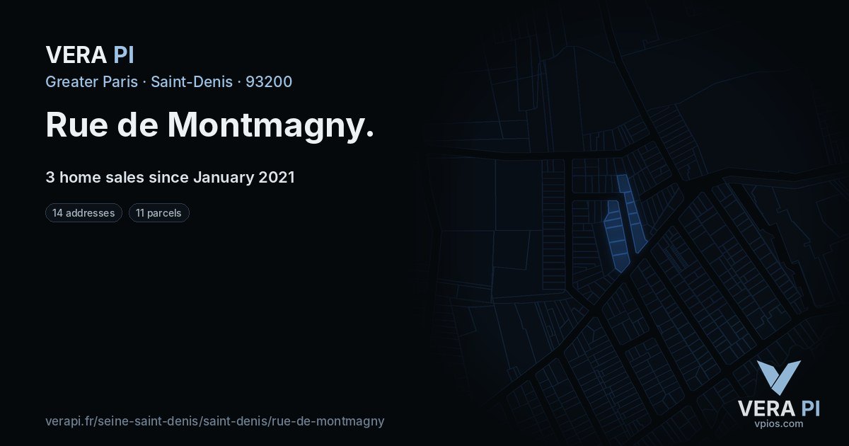 Rue de Montmagny, Saint-Denis at night – every parcel coloured by the prices around it, the street's own parcels lit
