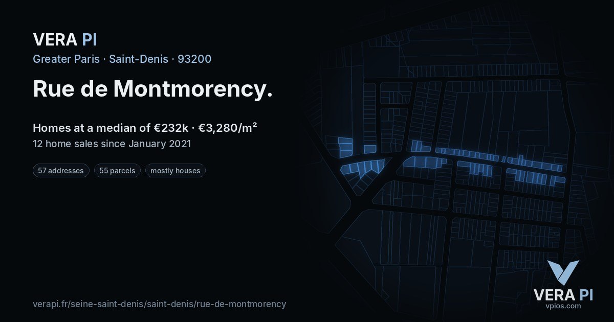 Rue de Montmorency, Saint-Denis at night – every parcel coloured by the prices around it, the street's own parcels lit