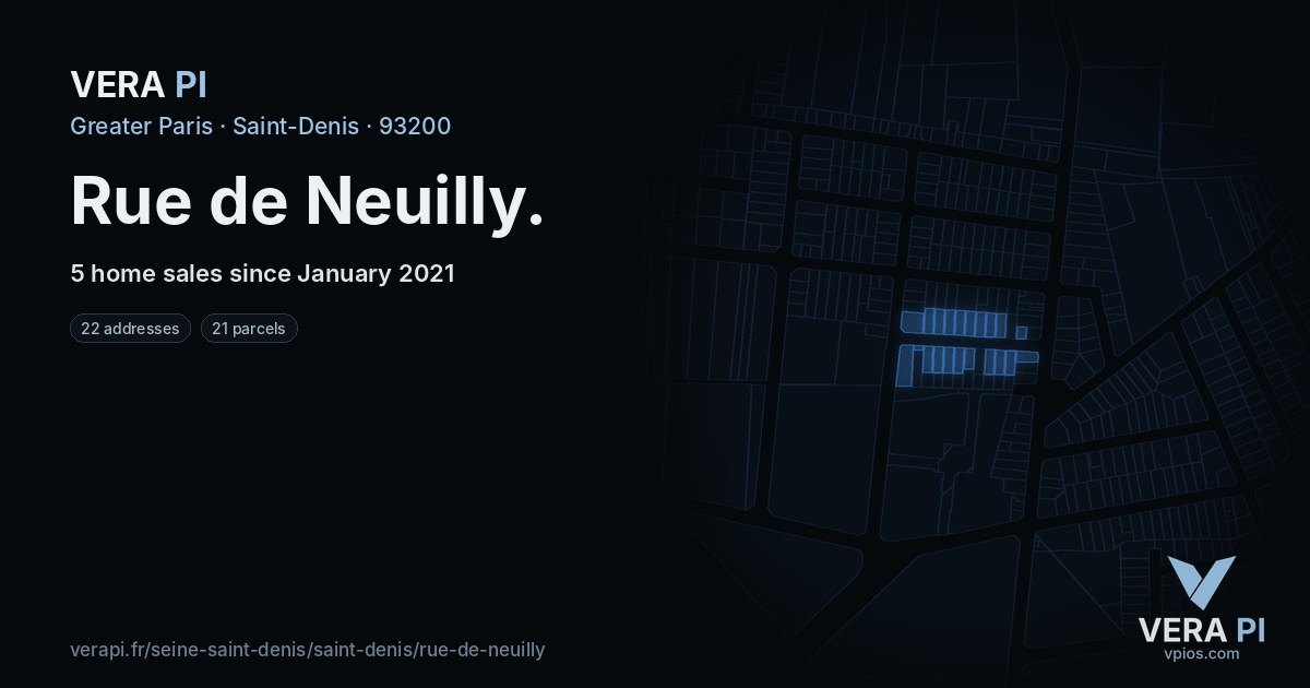 Rue de Neuilly, Saint-Denis at night – every parcel coloured by the prices around it, the street's own parcels lit