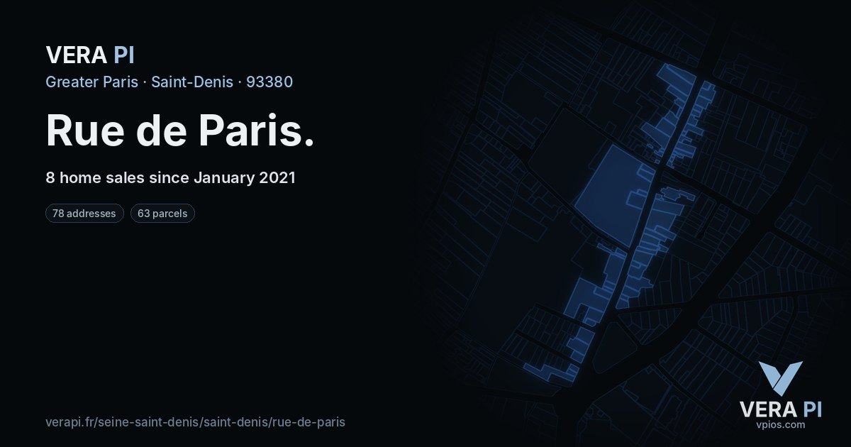 Rue de Paris, Saint-Denis at night – every parcel coloured by the prices around it, the street's own parcels lit
