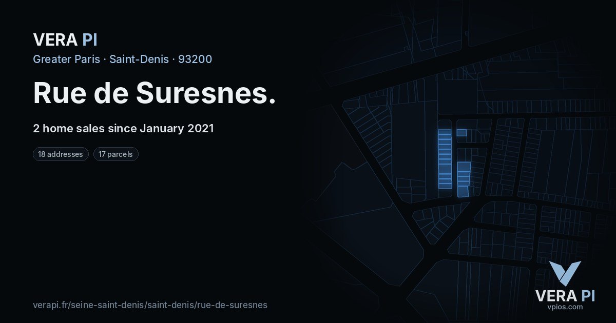 Rue de Suresnes, Saint-Denis at night – every parcel coloured by the prices around it, the street's own parcels lit