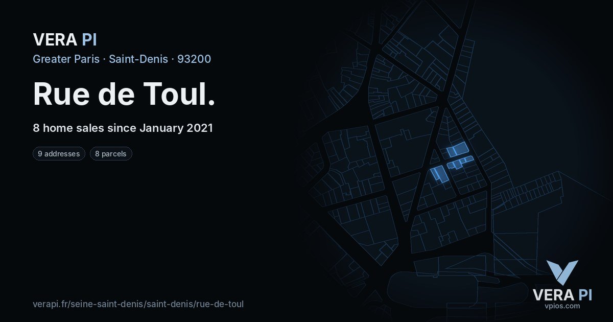 Rue de Toul, Saint-Denis at night – every parcel coloured by the prices around it, the street's own parcels lit