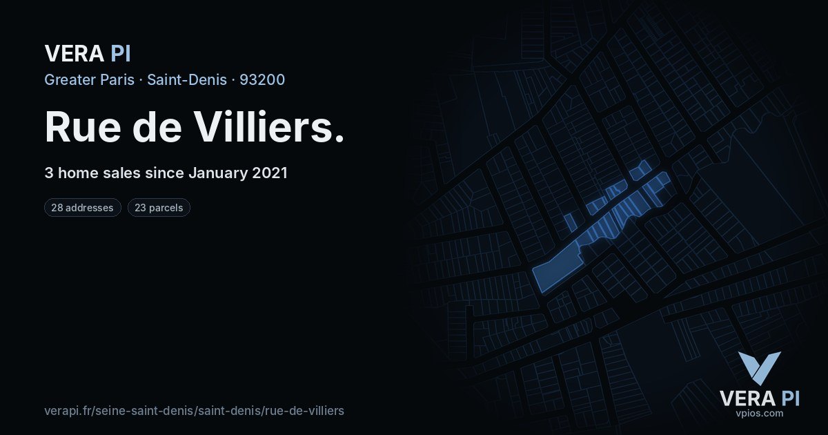 Rue de Villiers, Saint-Denis at night – every parcel coloured by the prices around it, the street's own parcels lit