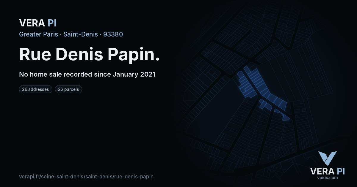 Rue Denis Papin, Saint-Denis at night – every parcel coloured by the prices around it, the street's own parcels lit