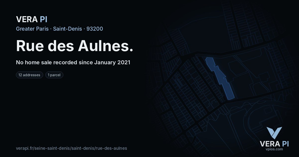 Rue des Aulnes, Saint-Denis at night – every parcel coloured by the prices around it, the street's own parcels lit