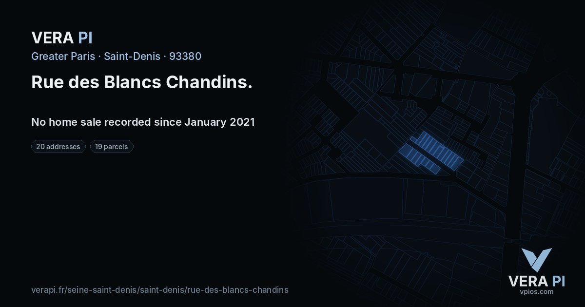 Rue des Blancs Chandins, Saint-Denis at night – every parcel coloured by the prices around it, the street's own parcels lit