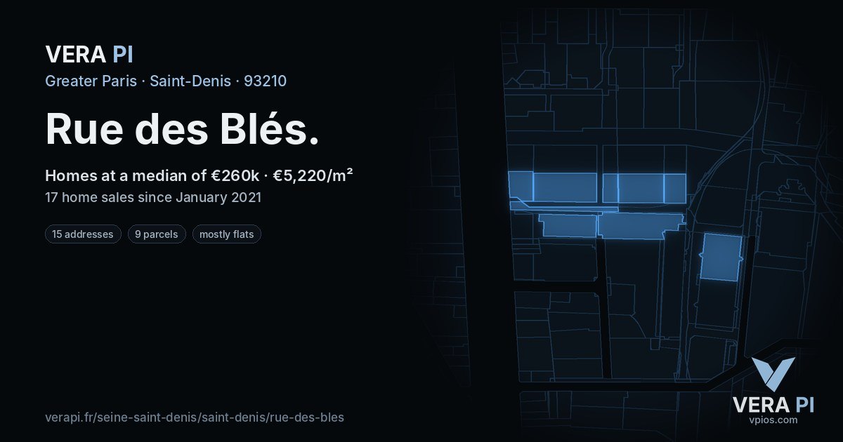 Rue des Blés, Saint-Denis at night – every parcel coloured by the prices around it, the street's own parcels lit