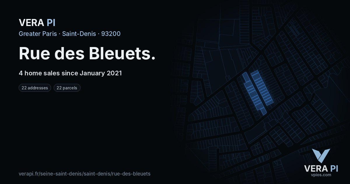Rue des Bleuets, Saint-Denis at night – every parcel coloured by the prices around it, the street's own parcels lit