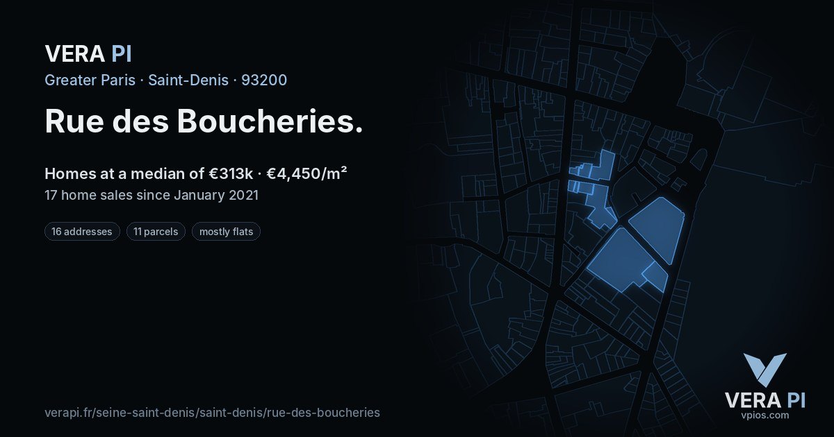 Rue des Boucheries, Saint-Denis at night – every parcel coloured by the prices around it, the street's own parcels lit